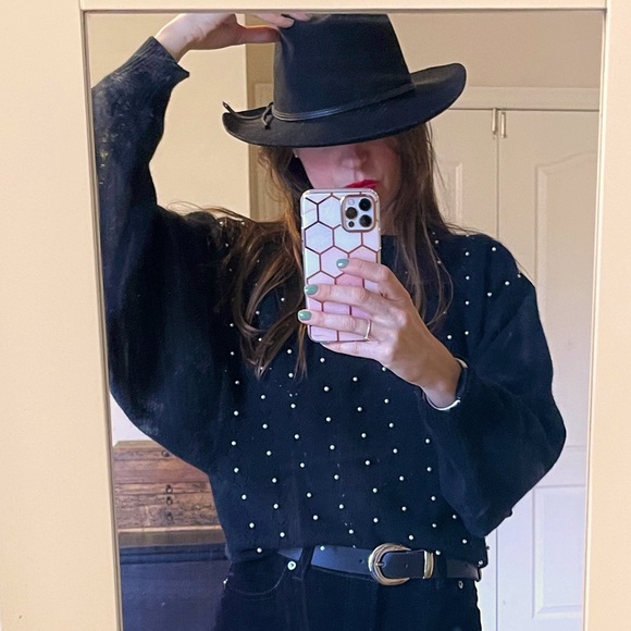 Vintage Sweaters - Black with pearls lambs wool/angora sweater